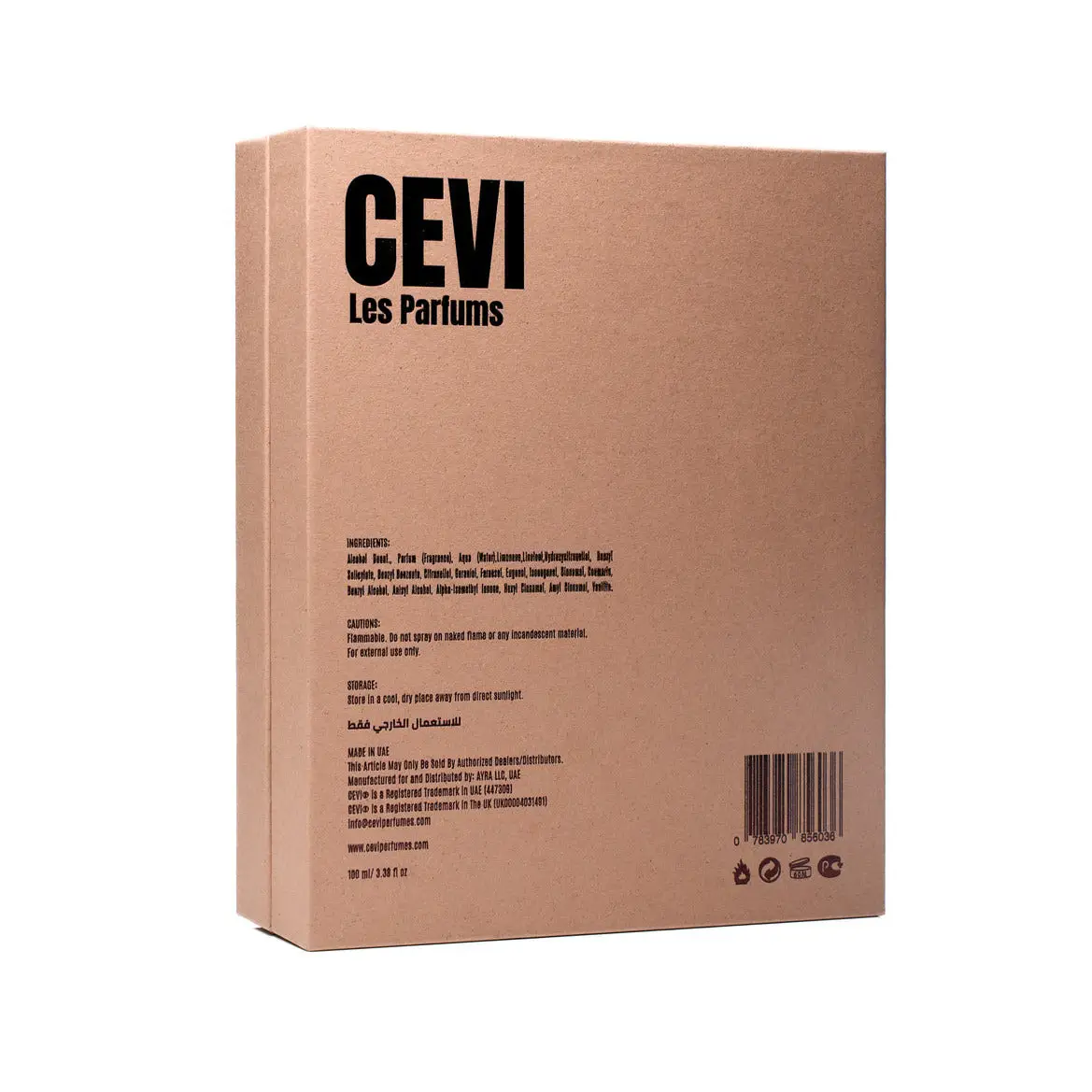 Brown cardboard box packaging for ethereal elixir cevi les parfums perfume edp 100ml bottle
