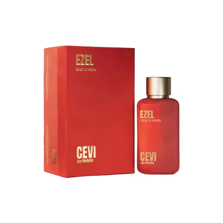 Red glass bottle of ezel cevi les parfums eau de parfum with metallic cap and matching red box 100ml