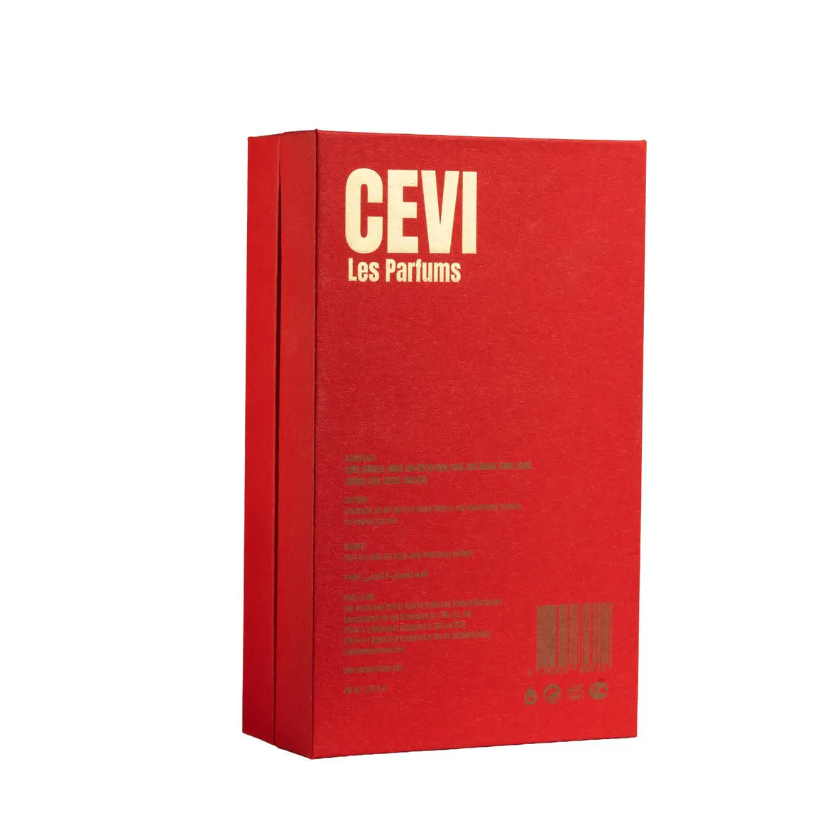 Red rectangular box with cevi les parfums cream lettering for ezel cevi edp 100ml perfume packaging