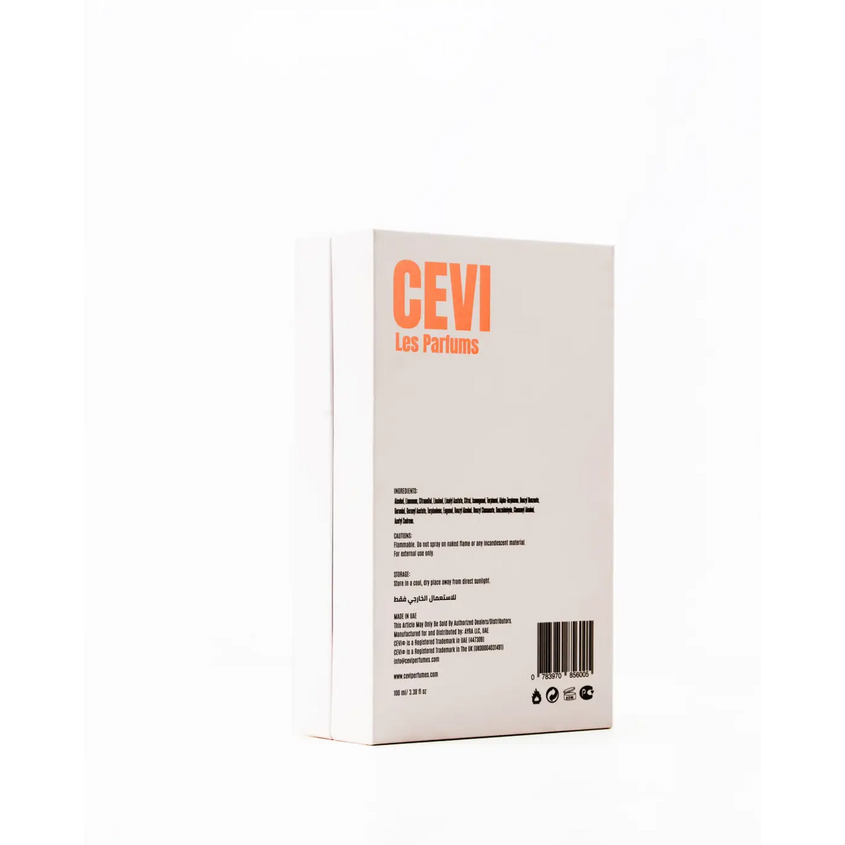 White rectangular box showing the back side with cevi les parfums printed in bold orange for femme absolue cevi edp 100ml