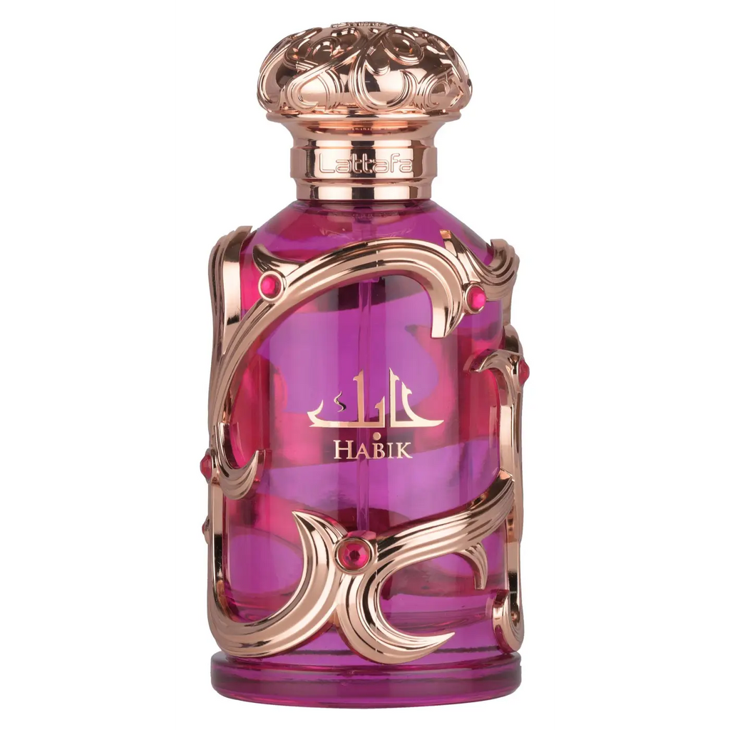 A luxurious purple glass perfume bottle with gold metalwork and red gemstones labeled habik for women lattafa edp 100ml