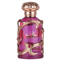 A luxurious purple glass perfume bottle with gold metalwork and red gemstones labeled habik for women lattafa edp 100ml