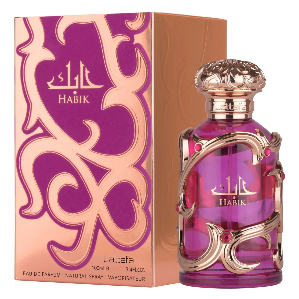 Purple glass perfume bottle with gold metalwork and red gemstones labeled habik for women lattafa edp 100ml