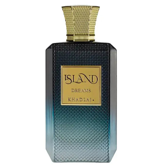 Island Dreams Khadlaj EDP 100ml rectangular gradient blue glass perfume bottle with textured surface and gold cap