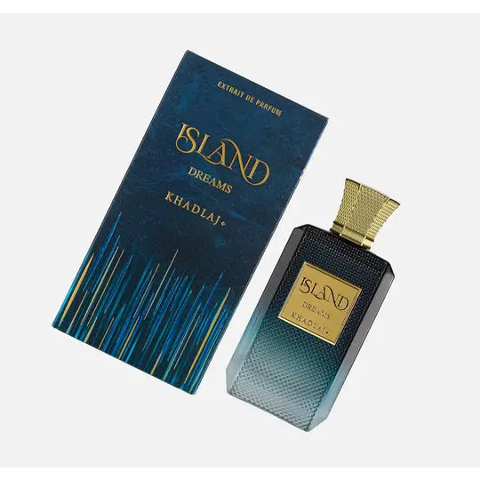Deep blue gradient Island Dreams Khadlaj EDP perfume bottle with gold cap and label 100ml