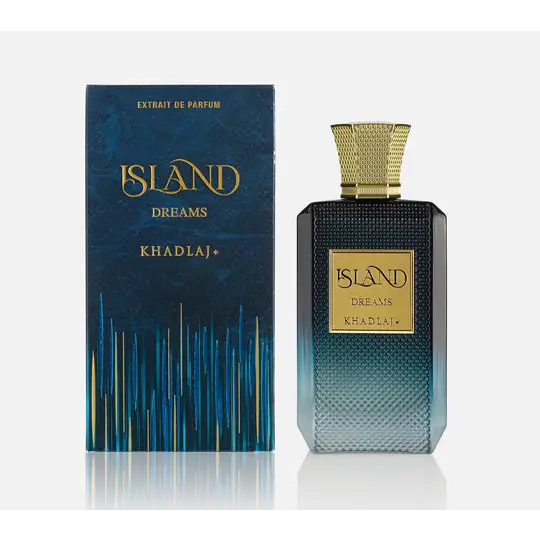 The elegant dark blue gradient glass bottle of Island Dreams eau de parfum by Khadlaj with a textured surface and gold-toned cap