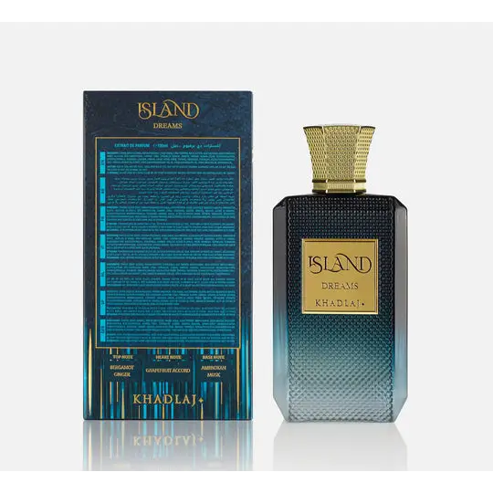 Island dreams khadlaj edp 100ml perfume bottle with sleek gradient glass body gold accents and ornate textured cap