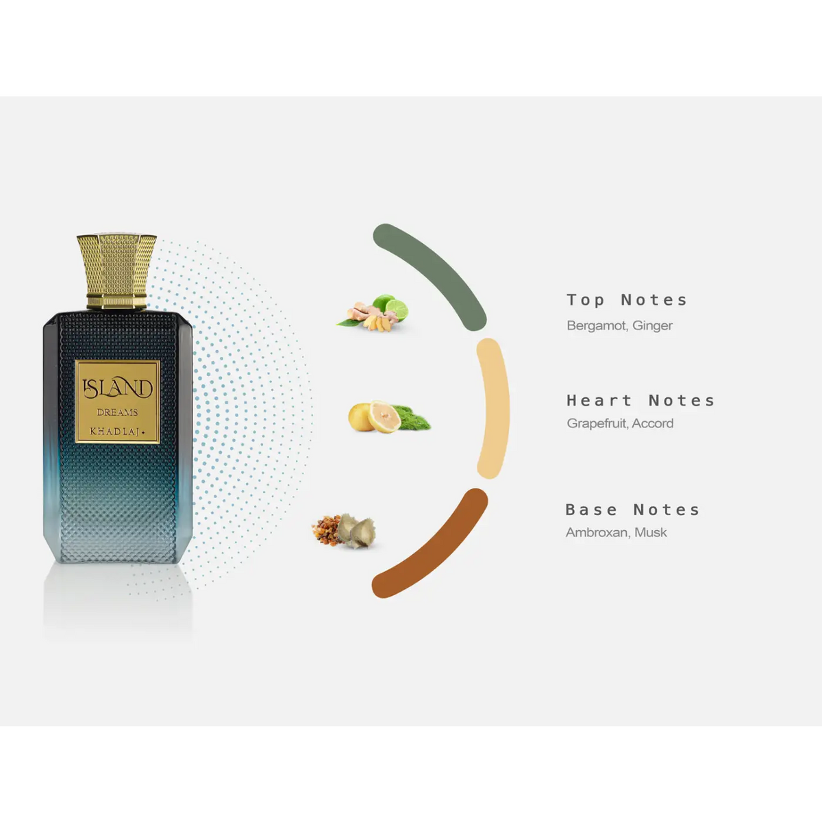 A sleek rectangular bottle of island dreams khadra perfume with gradient blue to black textured body and ornate gold cap
