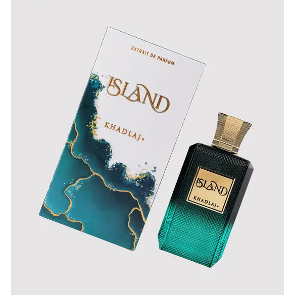 Emerald green gradient glass perfume bottle with gold textured cap and island khadlaj label island khadlaj edp 100ml