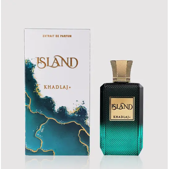 Emerald green textured glass perfume bottle with gold cap and label branded island khadlaj island khadlaj edp 100ml