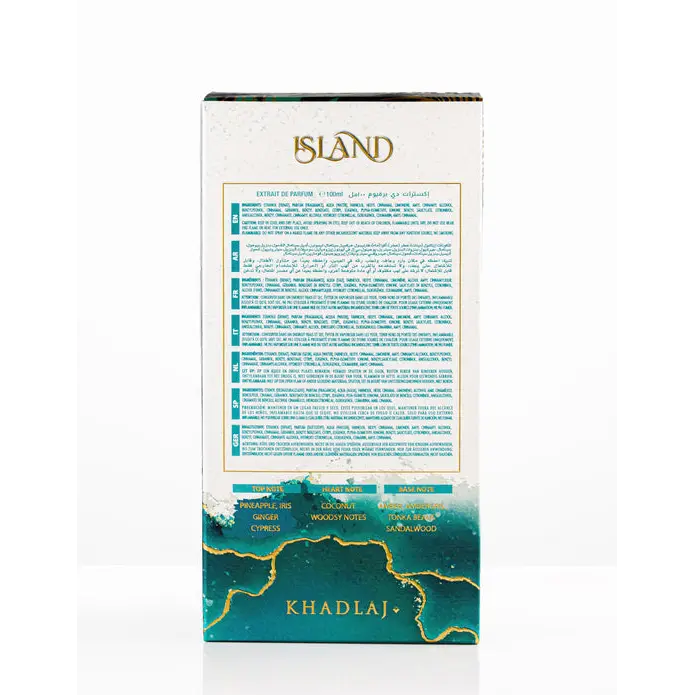 A rectangular cardboard box with a white label and gold island branding showing perfume extract details and scent notes
