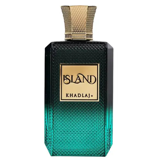 A sleek rectangular island khadlaj edp 100ml perfume bottle with gradient green to black textured glass and gold cap