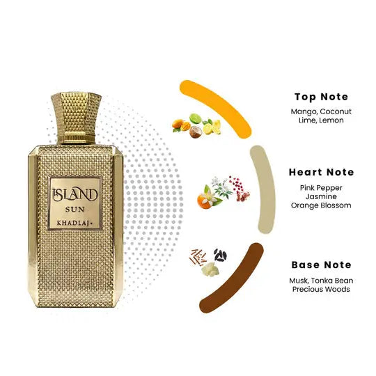 Gold-colored rectangular perfume bottle with textured diamond pattern and matching cap for island sun khadlaj extrait de parfum 100ml