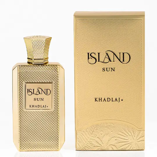Gold-colored textured rectangular perfume bottle with matching cap and label island sun khadlaj extrait de parfum 100ml