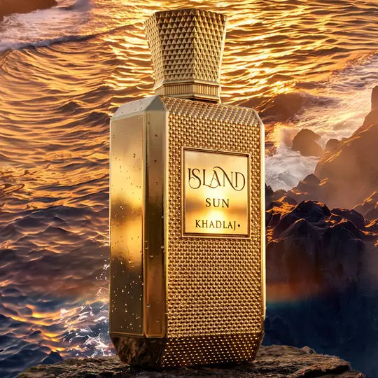 Golden textured extrait de parfum bottle with geometric cap labeled island sun by khadlaj 100ml