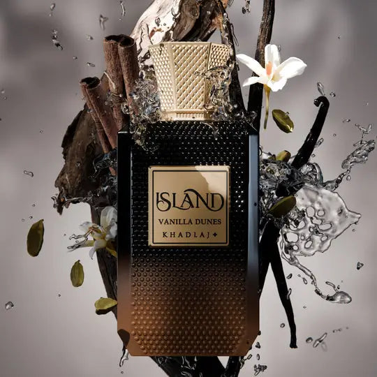Black rectangular island perfume bottle with gold textured cap and label of vanilla dunes khadla edp 100ml