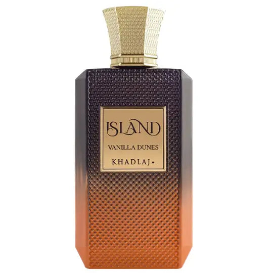 Island Vanilla Dunes Khadlaj EDP 100ml rectangular perfume bottle with gradient textured dark purple to amber finish and gold cap