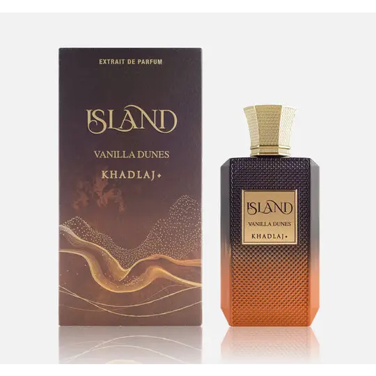 The island vanilla dunes khadlaj edp 100ml perfume bottle has gradient amber to dark brown textured glass with a gold cap