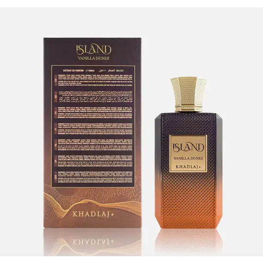 A sleek gradient brown and gold island vanilla dunes khadlaj edp 100ml perfume bottle with textured surface and golden cap