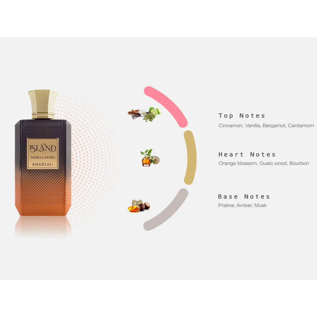 A sleek rectangular bottle of island vanilla dunes khadlaj edp 100ml with gradient purple to amber and gold cap