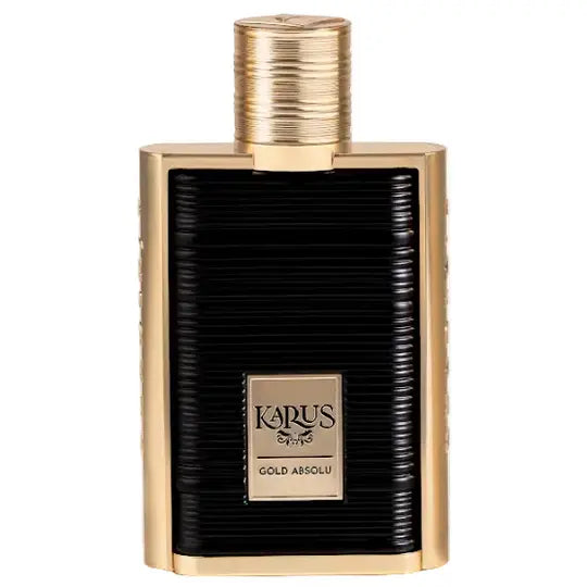Black textured glass Karus Gold Absolu EDP perfume bottle with gold metallic cap and rectangular label 100ml