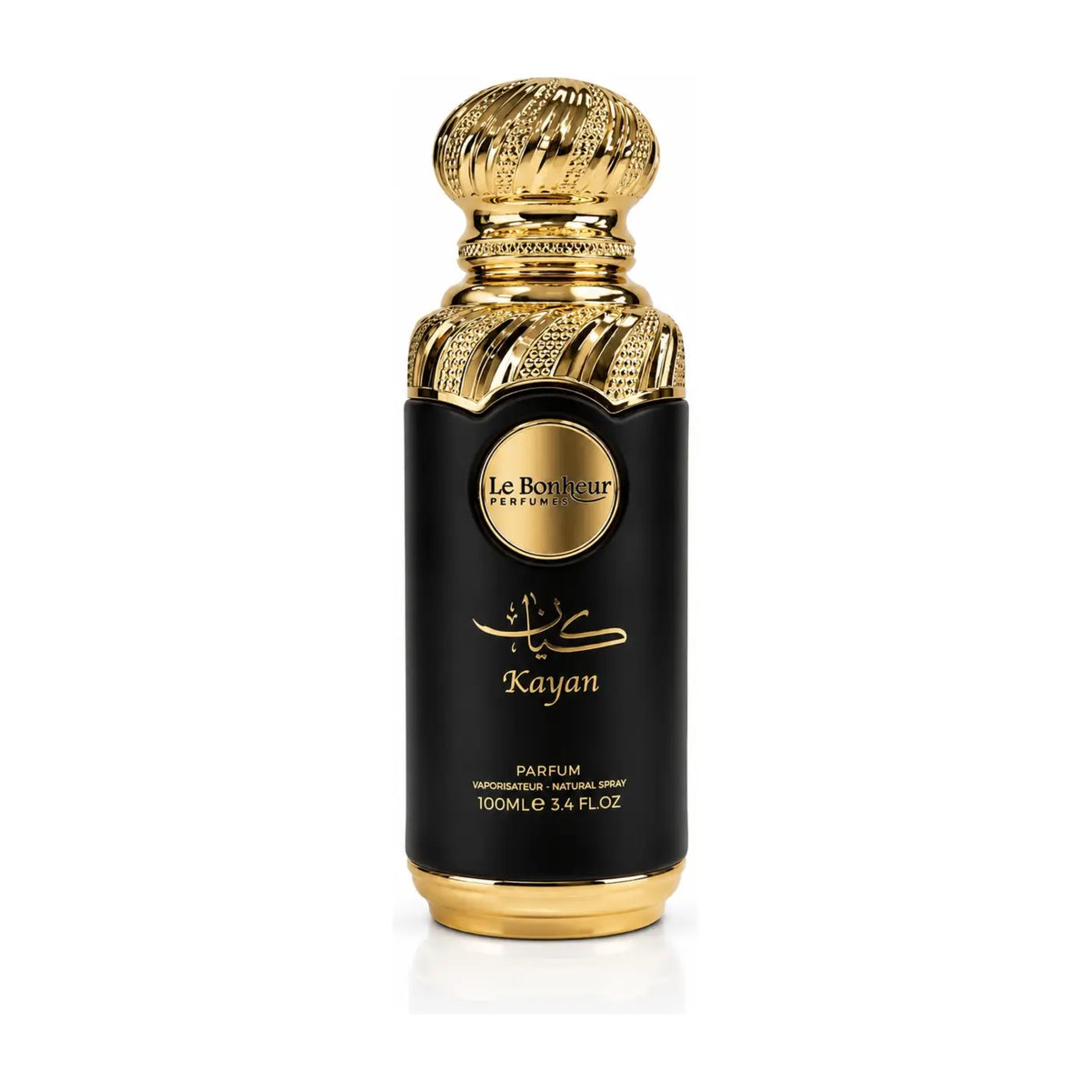 Black glass perfume bottle with gold accents and ornate cap featuring le bonheur parfums branding for kayan le bonheur EDP 100ml