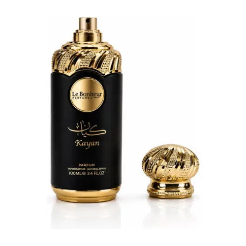 Black and gold kayam le bonheur edp perfume bottle with intricate golden cap and elegant script label 100ml