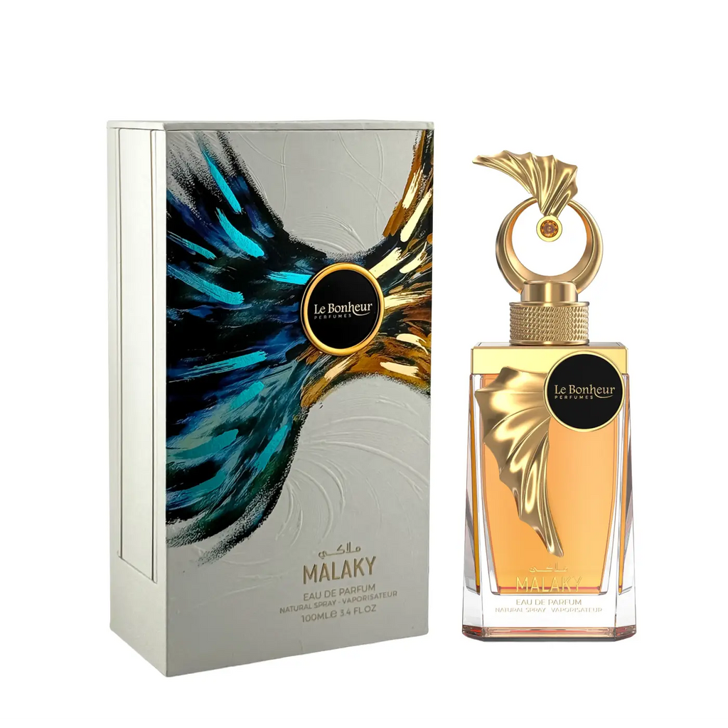 Malaky le bonheur edp 100ml perfume bottle with amber liquid, golden leaf details, rectangular glass, and ornate gold cap
