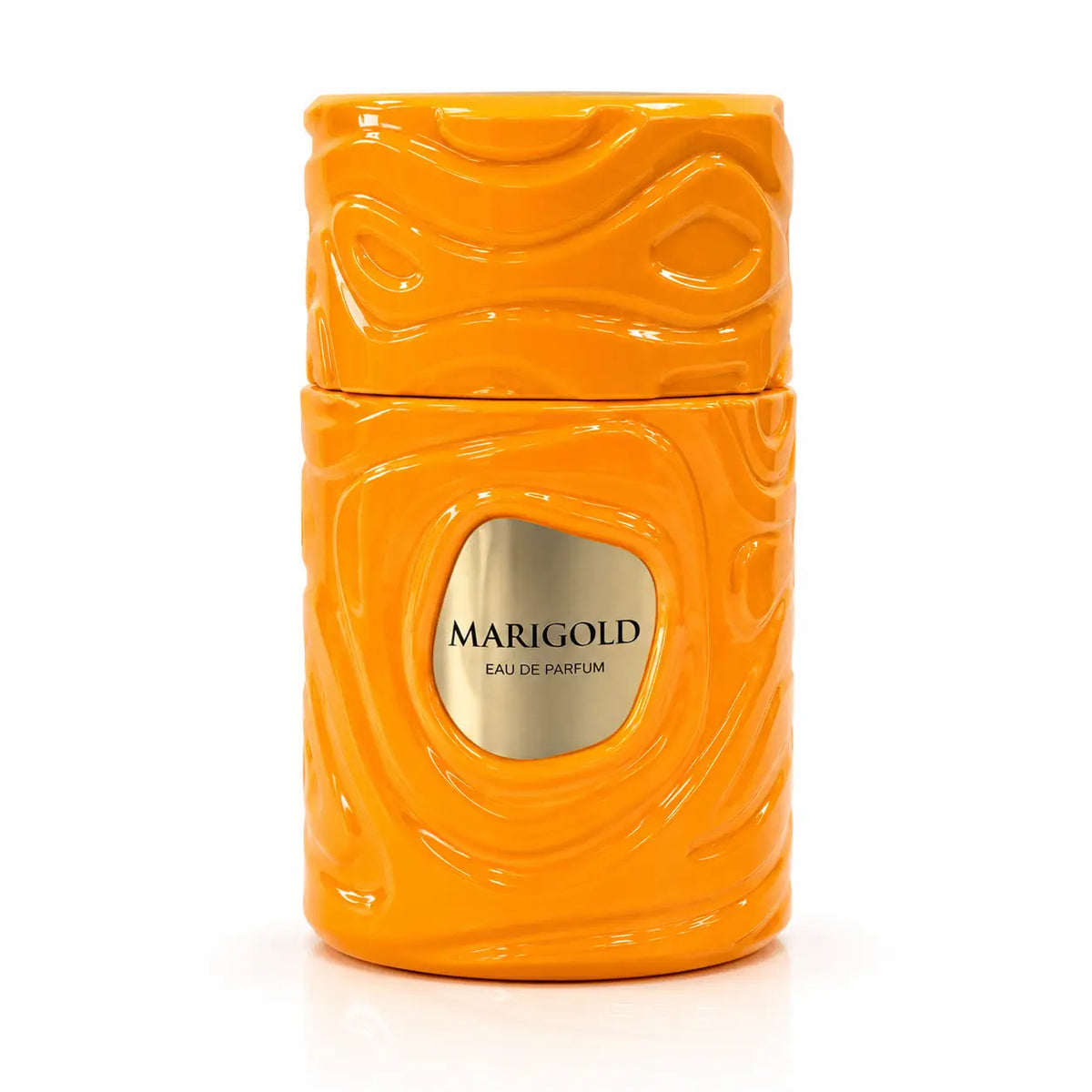 Vibrant orange ceramic perfume bottle with wavy texture and metallic marigold eau de parfum label for MARIGOLD Le Bonheur EDP 100ml