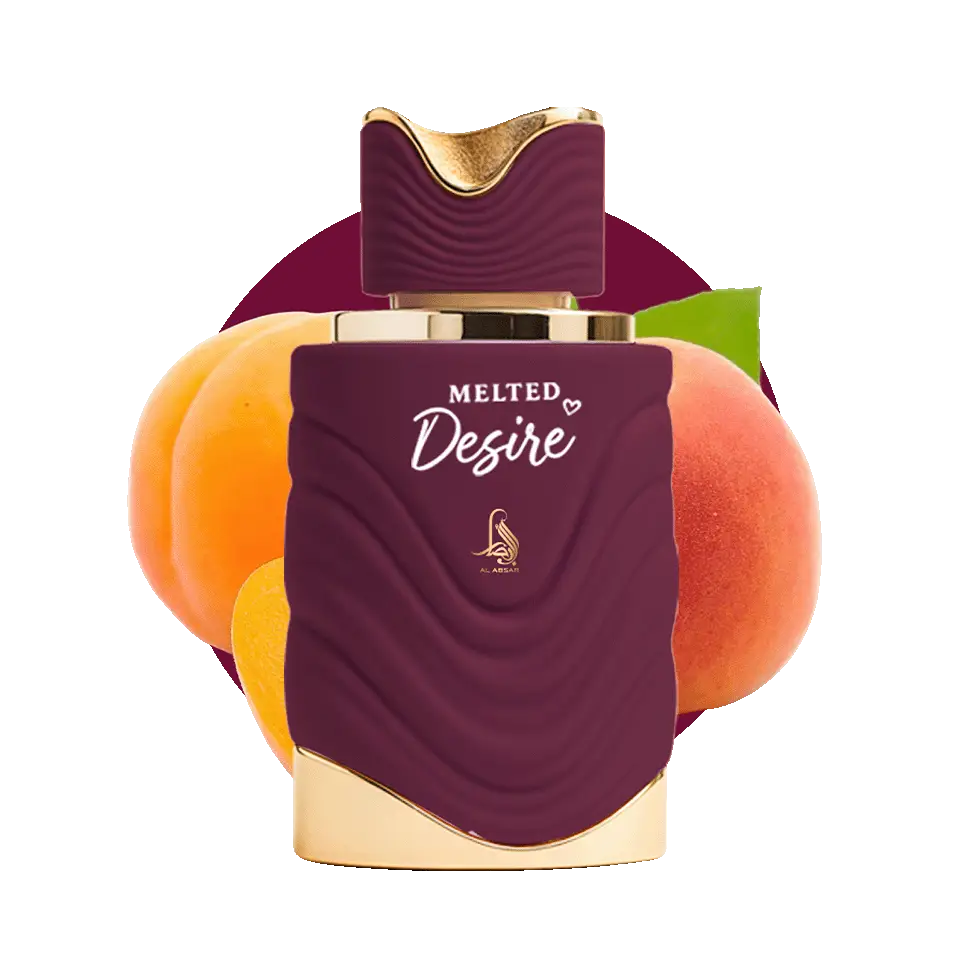 A luxurious purple and gold sculpted perfume bottle labeled melted desire by al ameen 100ml edp