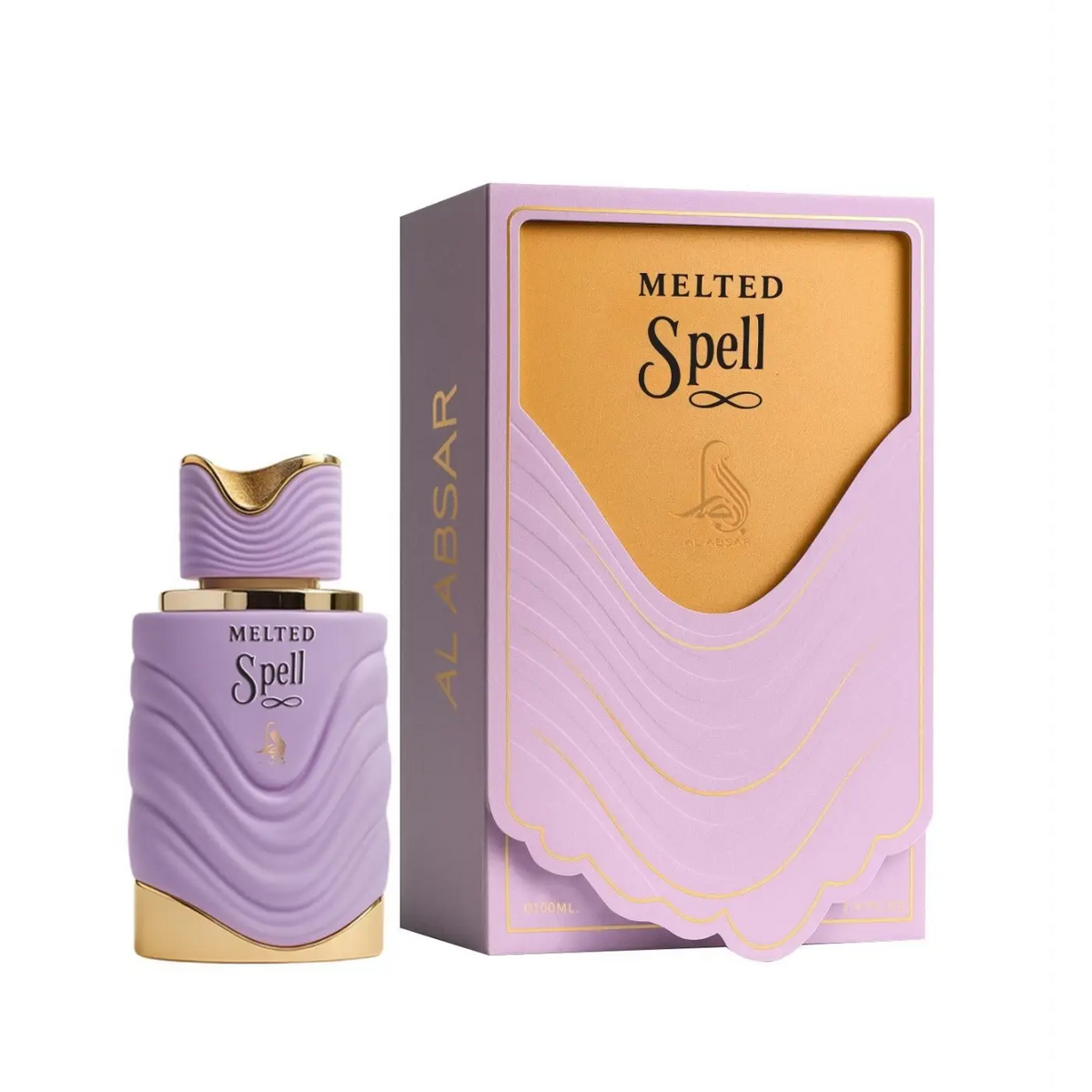 Lavender-colored Melted Spell al absar EDP 100ml perfume bottle with gold accents and wavy textured design