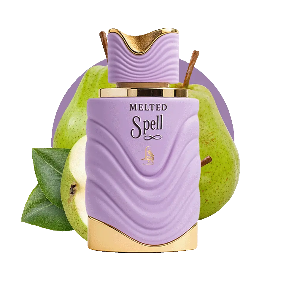 Lavender-colored melted spell al absar edp 100ml perfume bottle with gold accents and wavy textured design