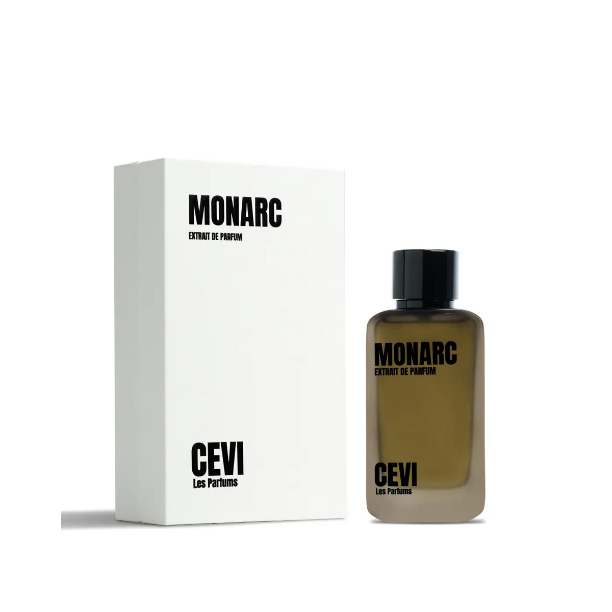 The monarc extrait de parfum by cevi les parfums is a sleek amber frosted glass bottle with a black cap and minimalist lettering