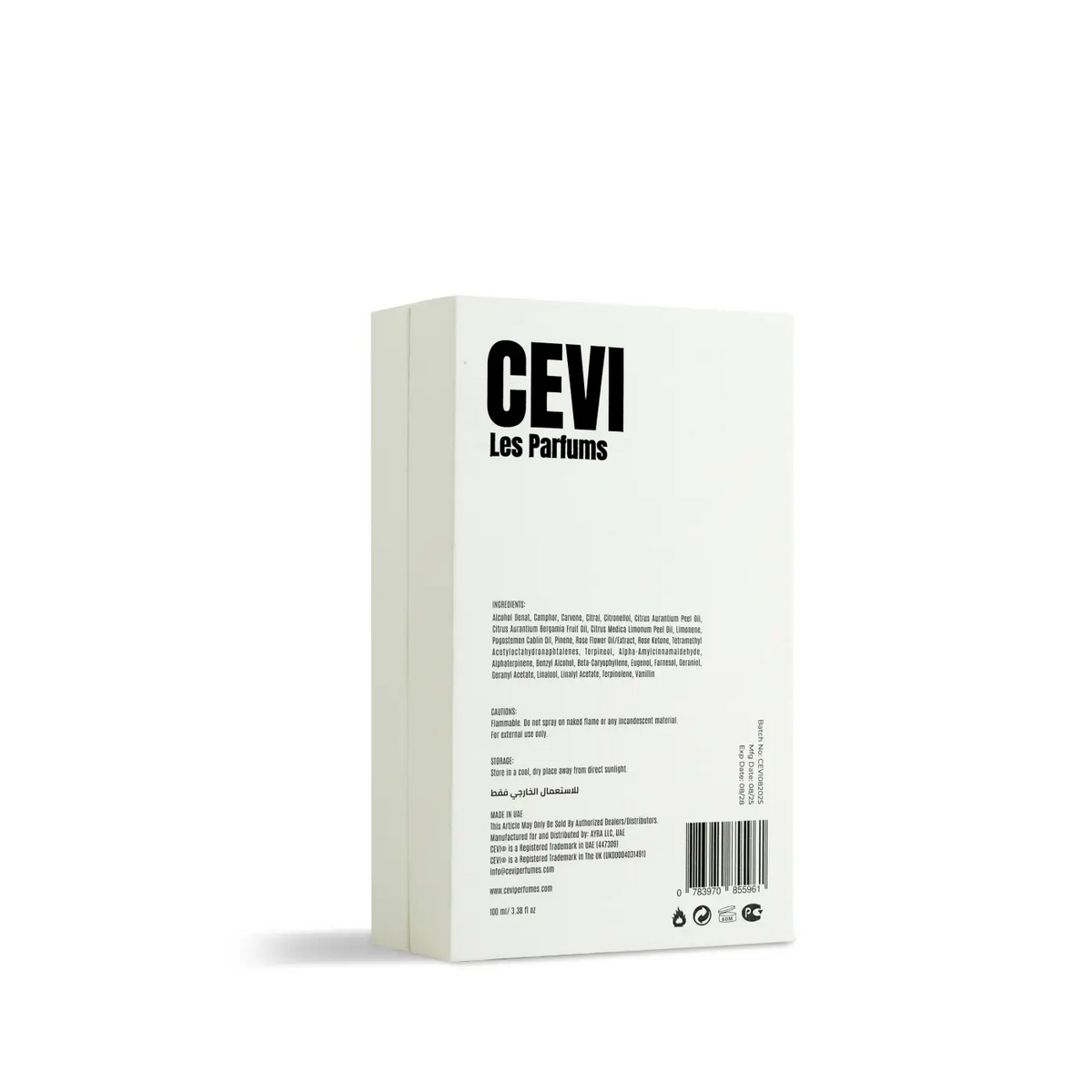White rectangular box for monarc cevi edp 100ml perfume with bold black lettering and minimalist design