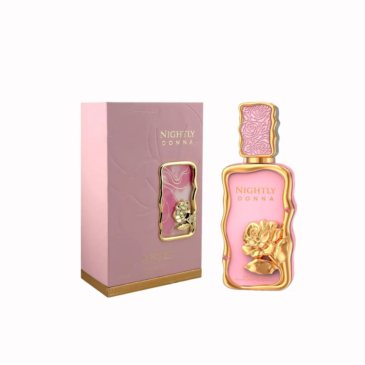 Pink perfume bottle with gold rose embellishments and matching pink box labeled nightly donna le bonheur edp 100ml