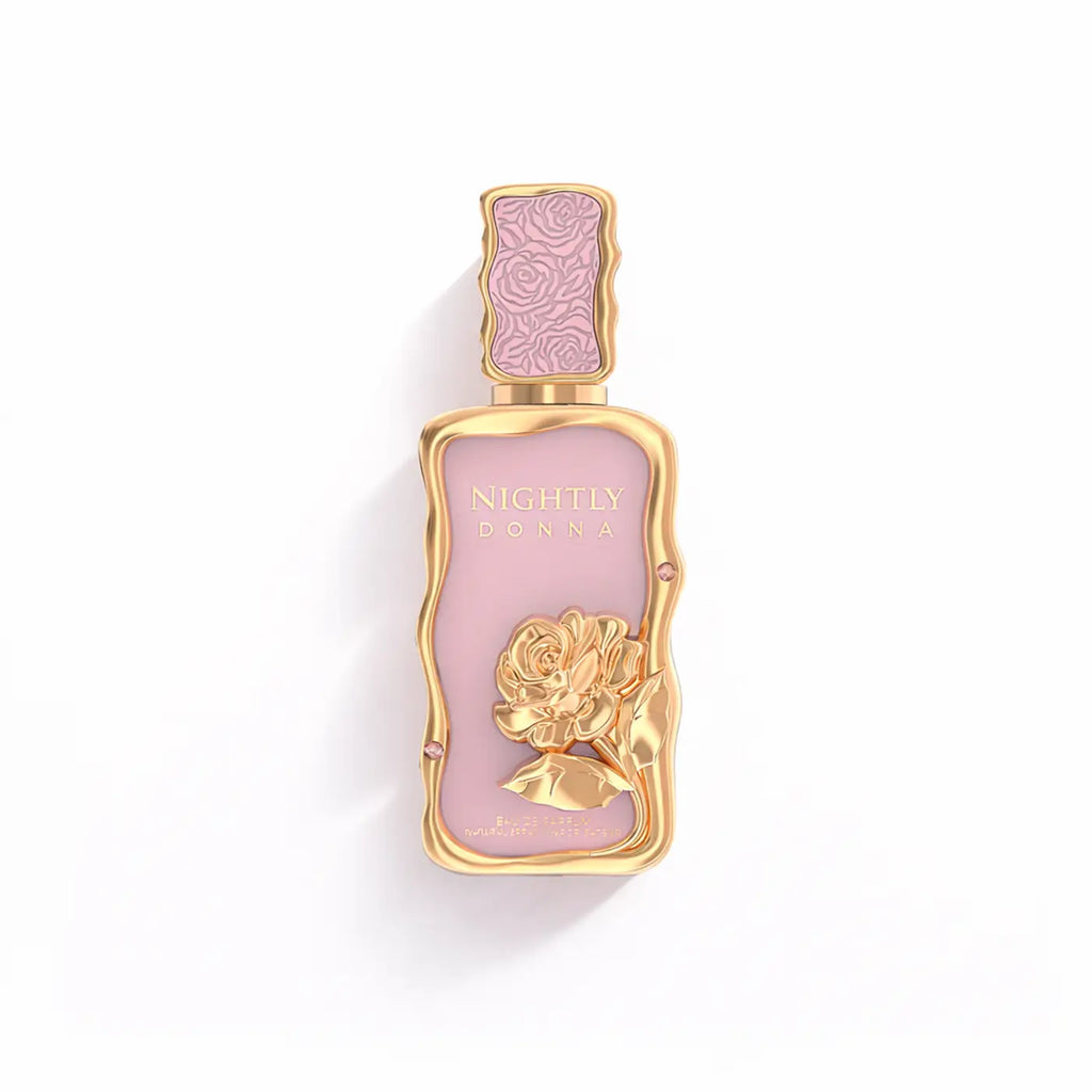 A pink perfume bottle with gold ornate design and embossed rose labeled nightly donna Le Bonheur EDP 100ml