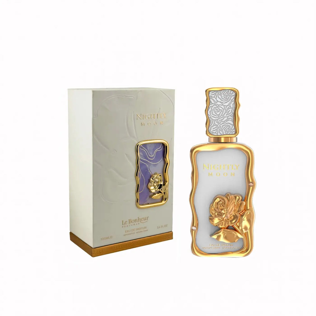 Elegant gold-accented perfume bottle with white frosted glass and ornate rose design for nightx moon by le bonheur