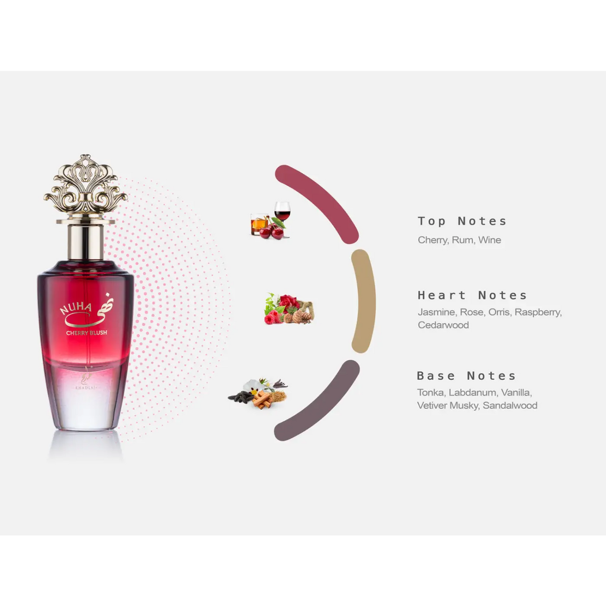 A sleek gradient red to clear glass perfume bottle with an ornate silver cap and nuha cherry blush branding