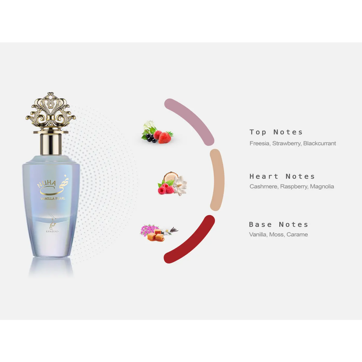 A sleek transparent glass perfume bottle with a gold ornate cap embossed with Nuha Vanilla Pearl Khadlaj EDP 85ml branding