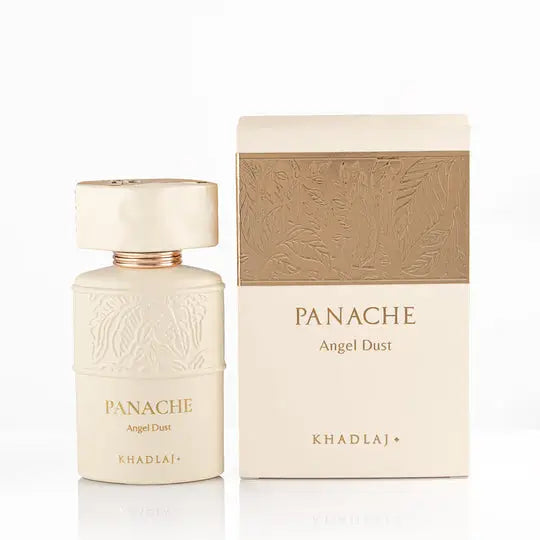 Cream-colored glass Panache Angel Dust Khadlaj EDP perfume bottle with gold floral detailing and matching cap beside box