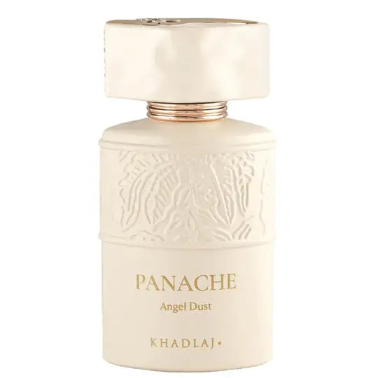Cream-colored Panache Angel Dust Khadlaj EDP 100ml perfume bottle with embossed floral design and gold lettering
