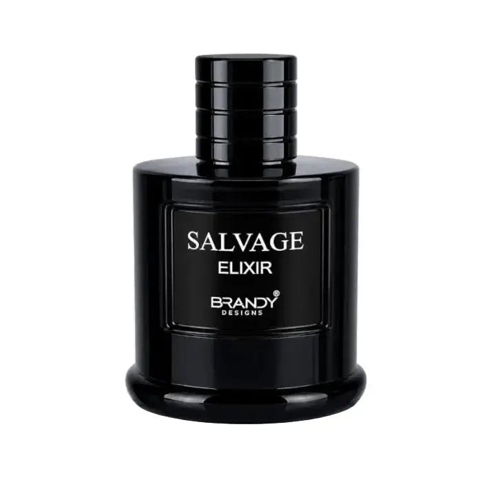 Black glass bottle of Salvage Elixir brandy EDP 100ml with sleek ribbed cap and minimalist label design