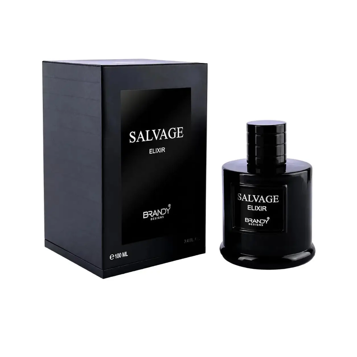 Black glass bottle of Salvage Elixir Brandy EDP 100ml perfume with sleek cylindrical shape and matching black cap
