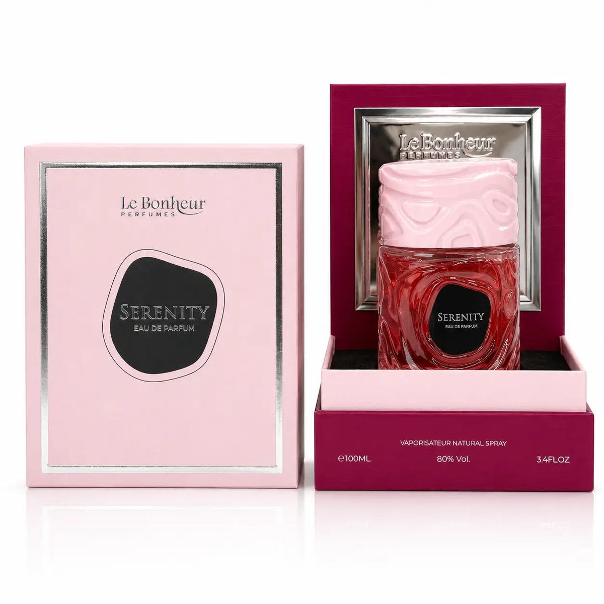 Pink textured cap and clear glass bottle of le bonheur serenity eau de parfum 100ml for a fresh fragrance experience