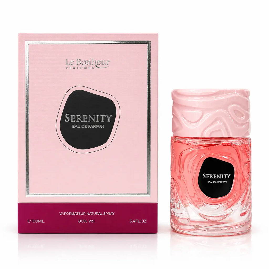 Pink textured glass perfume bottle with swirling design and black label reading serenity eau de parfum by le bonheur perfumes