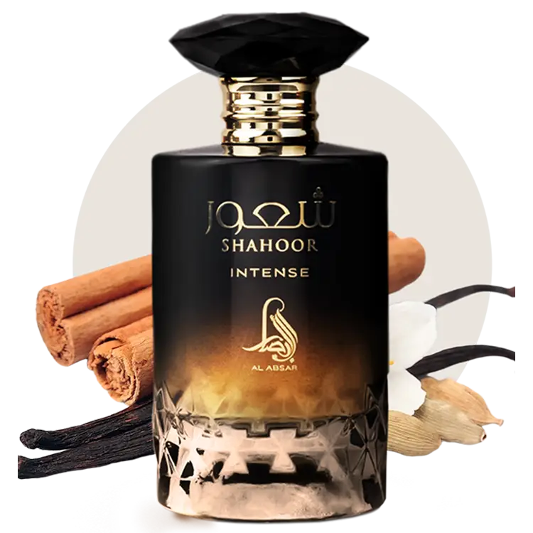 Black glass perfume bottle with gold lettering and faceted black cap labeled shahoor intense by al absar edp 100ml