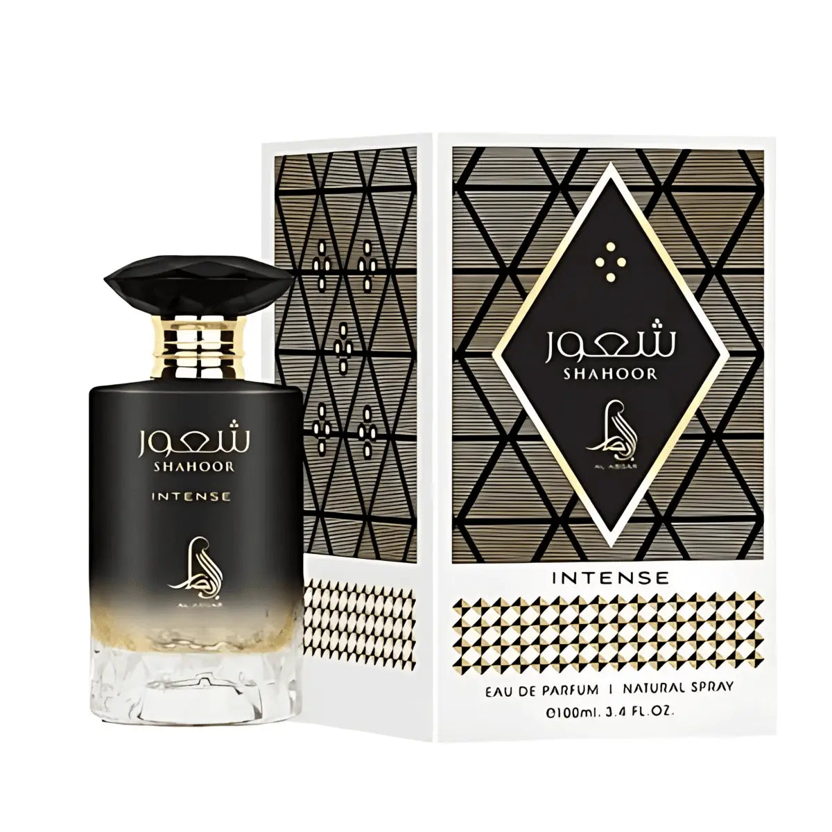 Black and gold gradient glass bottle of shahoor intense al absar eau de parfum with faceted black cap 100ml