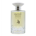 A clear glass bottle of Shahoor Platinum Al Absar EDP 100ml perfume with a white faceted cap and pale yellow liquid