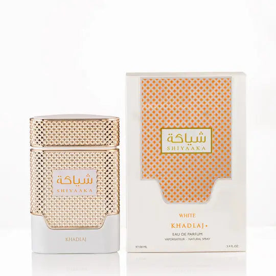 Shiyaaka rose gold khadlaj edp 100ml perfume bottle with gold-toned textured mesh pattern and white base