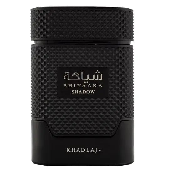 Black textured rectangular perfume bottle embossed with arabic and english text shiyaaka shadow by khadlaj edp 100ml